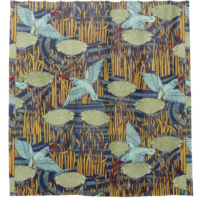 KINGFISHERS IN FLOWERING RUSH Art Nouveau Floral  Shower Curtain (Front)
