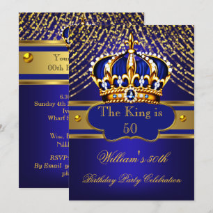 Kingl Blue Gold Ornate crown men’s Birthday Party Invitation