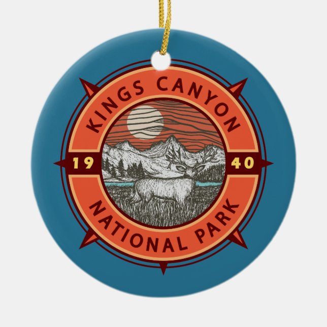 Kings Canyon National Park Mule Deer Retro Compass Ceramic Ornament (Front)