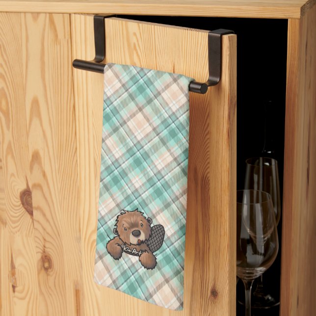 KiniArt Beaver on Marina Plaid Kitchen Towel (Thirds Fold)
