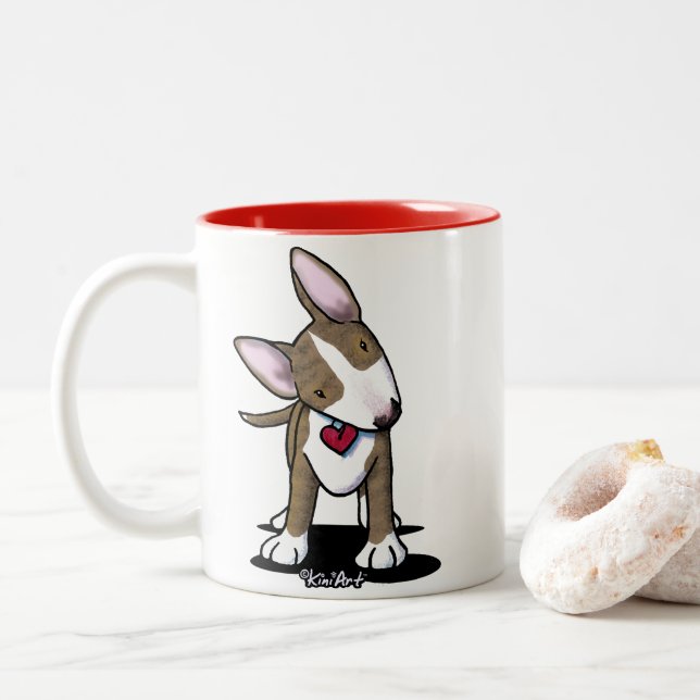 KiniArt Brindle Bull Terrier Two-Tone Coffee Mug (With Donut)
