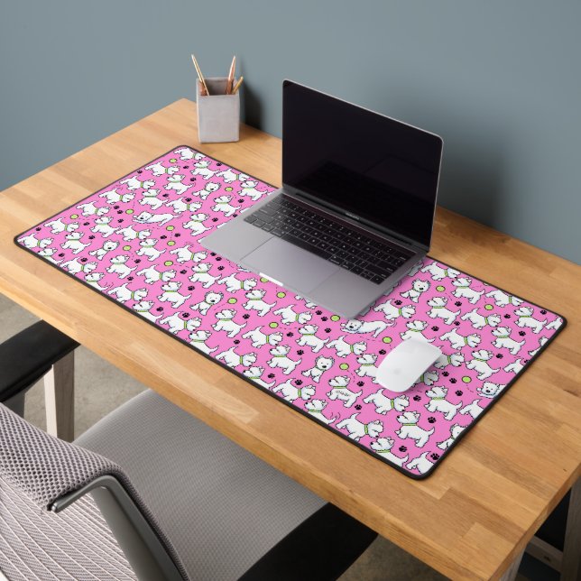 KiniArt Playful Westies Pink Desk Mat (Office 2)