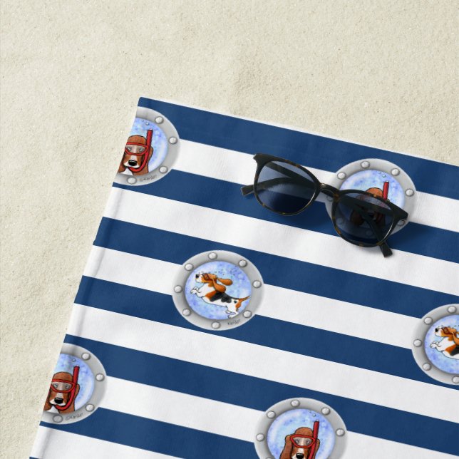 KiniArt Snorkelling Basset Hounds Beach Towel (In Situ)