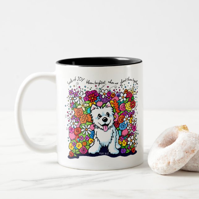 KiniArt Westie Joyful Garden Two-Tone Coffee Mug (With Donut)