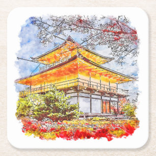 Kinkakuji Temple Japan HandDrawn Watercolor Sketch Square Paper Coaster