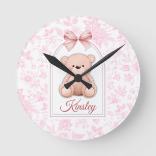 Kinsley Custom Pink Teddy Bear Nursery Design Round Clock