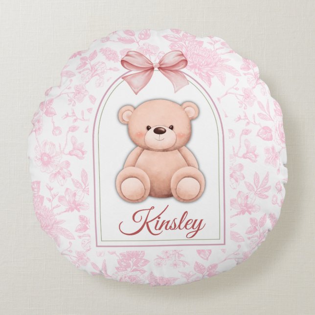 Kinsley | Custom Pink Teddy Bear Nursery Design  Round Cushion (Front)