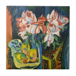 Kirchner Pink Roses Expressionist Floral Art Ceramic Tile