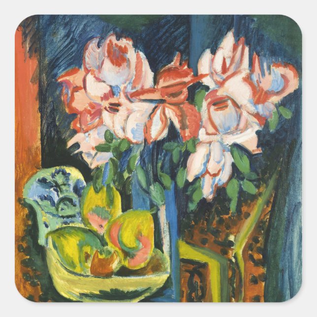 Kirchner Pink Roses Expressionist Floral Art Square Sticker (Front)