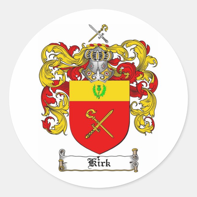 KIRK FAMILY CREST -  KIRK COAT OF ARMS CLASSIC ROUND STICKER (Front)