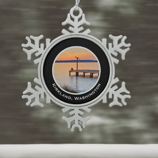 Kirkland Sunset Fishing Lake Washington Silhouette Snowflake Pewter Christmas Ornament