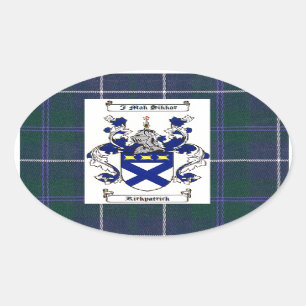 Kirkpatrick Crest on Douglas Blue Tartan Oval Sticker