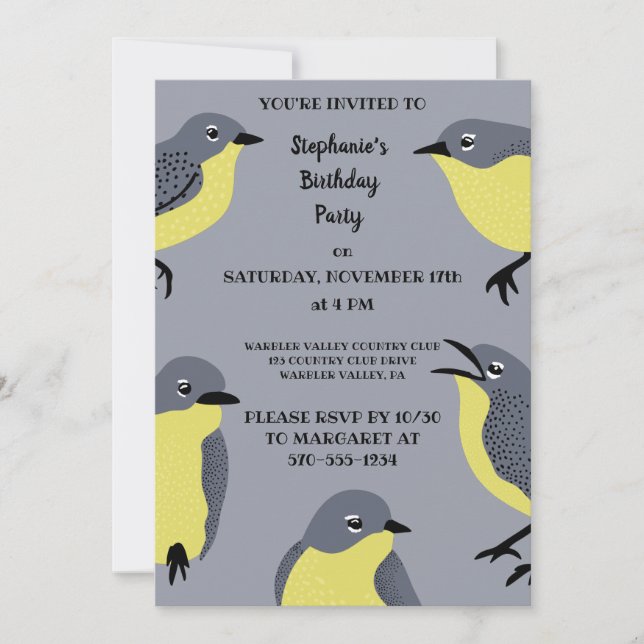 Kirtland's Warblers Bird Lovers Grey, Yellow Party Invitation (Front)