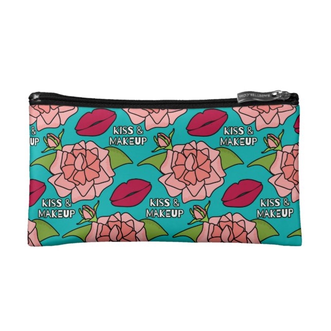 Kiss and Makeup Pink Roses and Red Lips Cosmetic Bag (Front)