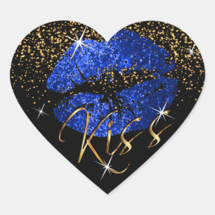 Kiss Bright Blue and Gold Glitter Lips Heart Sticker