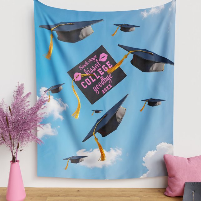 Kiss College Goodbye Graduation Caps Backdrop Tapestry (Kissed college goodbye? Here's a fun backdrop wall tapestry for your Graduation Party)