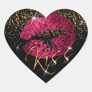 Kiss Hot Pink and Gold Glitter Lips Heart Sticker