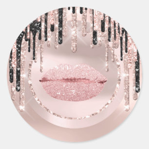 Kiss  Lips Makeup Artist  Drips Rose Glitters Classic Round Sticker