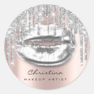 Kiss Lips Makeup Artist Glitter Drips Sparkly Grey Classic Round Sticker