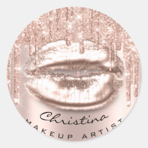 Kiss Lips Makeup Artist Glitter Drips Sparkly Name Classic Round Sticker
