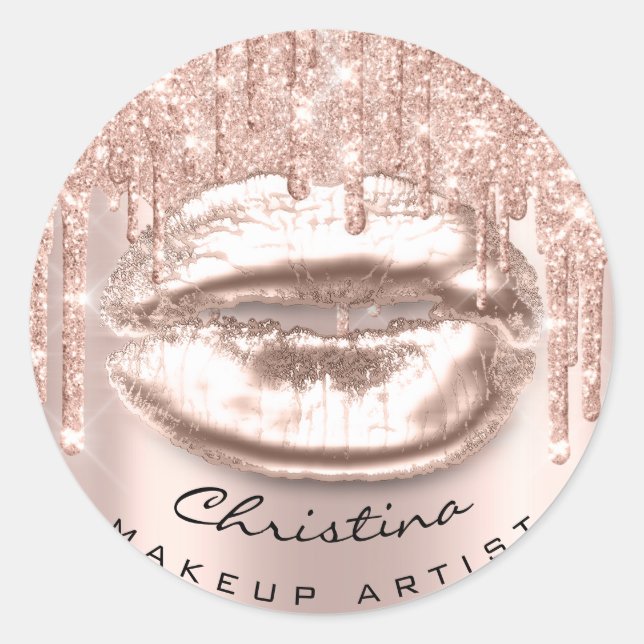 Kiss Lips Makeup Artist Glitter Drips Sparkly Name Classic Round Sticker (Front)