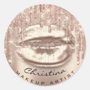 Kiss Lips Makeup Artist Glitter Drips Sparkly Name Classic Round Sticker