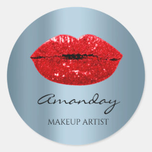 Kiss Lips Makeup Artist Name Thank Rose Blue Classic Round Sticker