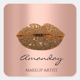 Kiss Lips Makeup Artist Name Thank Rose Gold Square Sticker