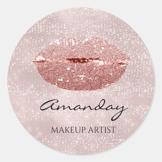 Kiss Lips Makeup Custom Name Rose Blush Classic Round Sticker (Front)