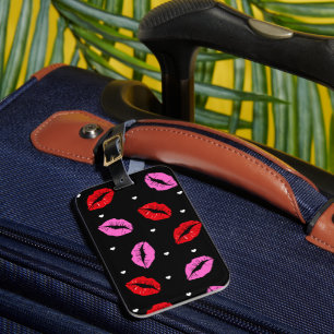 Kiss Lips Pink and Red, Hearts Luggage Tag BLK