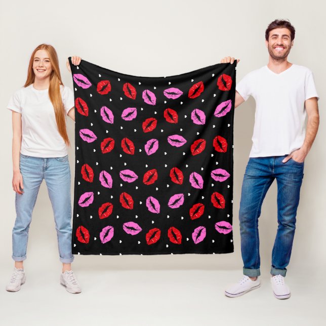 Kiss Lips Pink Red  and Hearts Fleece Blanket BLK (In Situ)