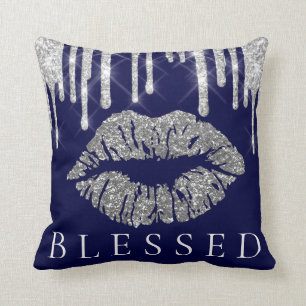Kiss Lips Silver Grey Drips Glitter Navy Blessed Cushion
