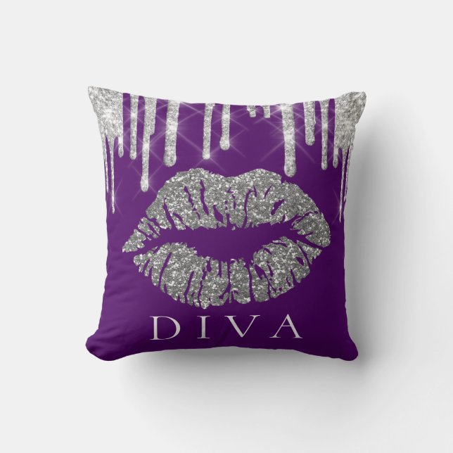 Kiss Lips Silver Grey Drips Glitter Purple Diva Cushion (Front)