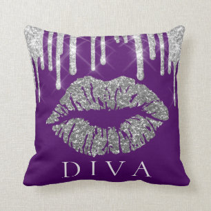 Kiss Lips Silver Grey Drips Glitter Purple Diva Cushion
