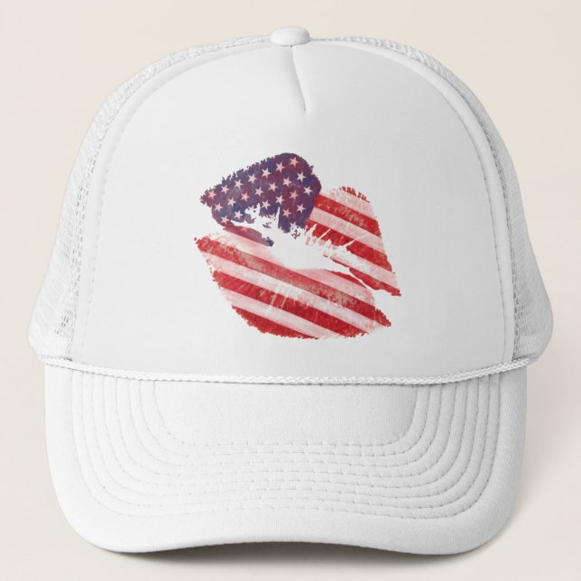 Kiss lips with American flag Trucker Hat (Front)