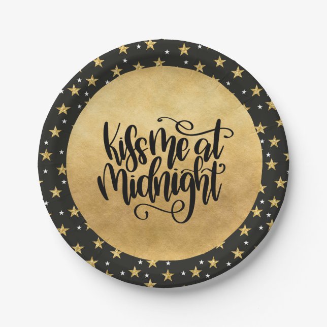 Kiss Me at Midnight Black and Gold Stars Paper Plate (Front)