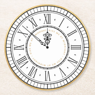 Kiss Me at Midnight New Years Clock Round Paper Coaster