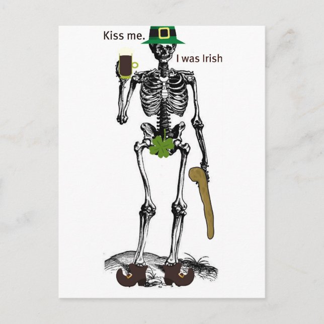 KISS ME I WAS IRISH SKELETON PRINT POSTCARD (Front)