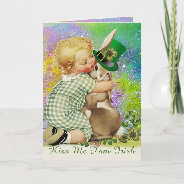 KISS ME I'AM IRISH/BABY,RABBIT,LEPRECHAUN HAT CARD (Front)