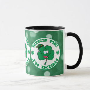 Kiss Me I'm Irish Clover Face Green Bokeh Mug