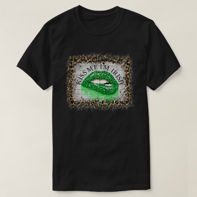 Kiss Me I'm Irish Cute Green Leopard Print St Patt T-Shirt (Design Front)
