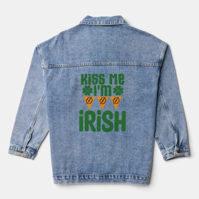 Kiss Me I'm Irish, Funny Long Sleeve  Denim Jacket (Back)
