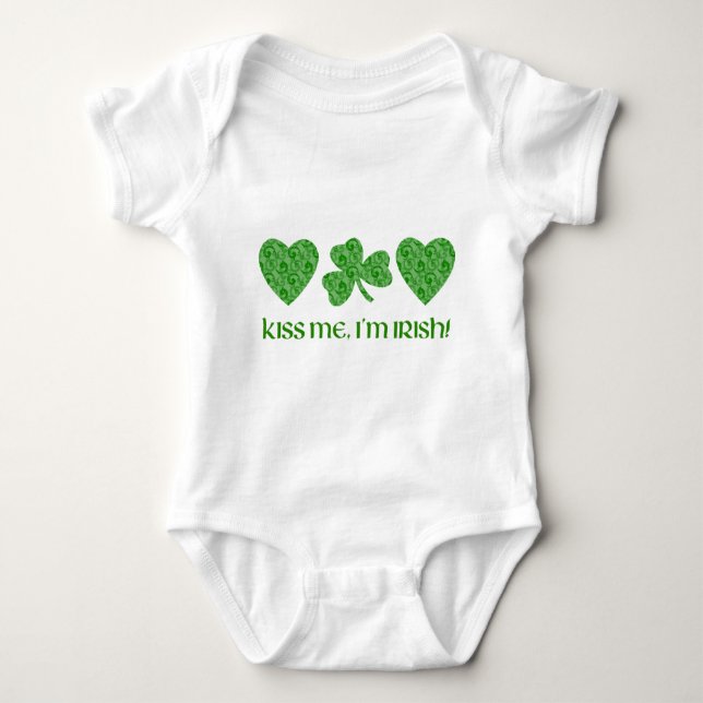 Kiss Me, I'm Irish Hearts and Shamrock Swirls Baby Bodysuit (Front)