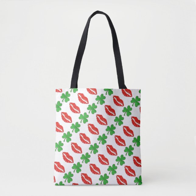 Kiss Me I'm Irish Red Lips Green Shamrock Clover Tote Bag (Front)