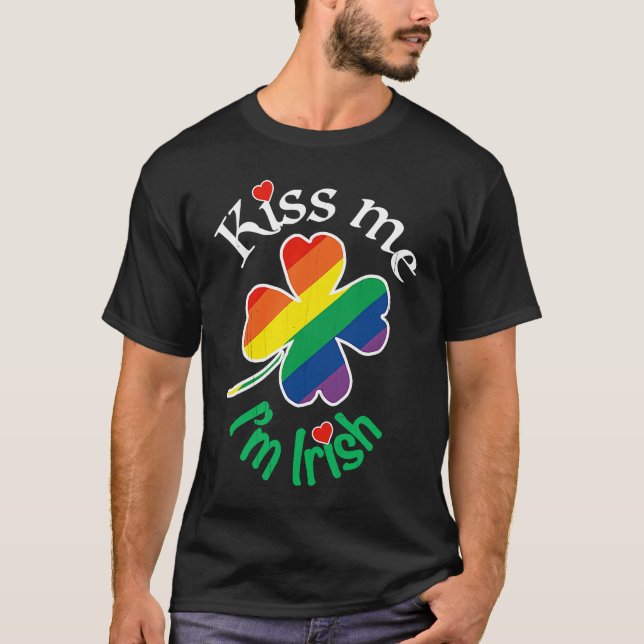 KISS ME I'M IRISH St Patricks Day Gay LGBTQ Rainbo T-Shirt (Front)