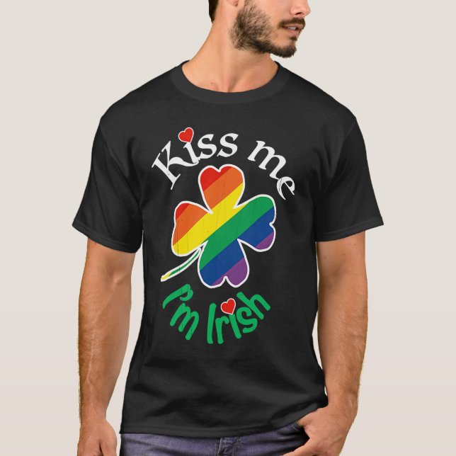 KISS ME I'M IRISH St Patricks Day Gay LGBTQ Rainbo T-Shirt (Front)