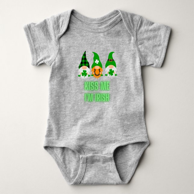 Kiss Me I'm Irish St. Patrick's Day Gnome Shamrock Baby Bodysuit (Front)