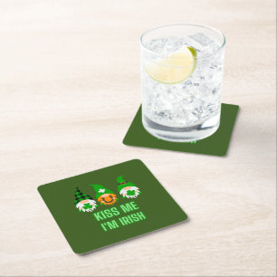 Kiss Me I'm Irish St. Patrick's Day Gnome Shamrock Square Paper Coaster
