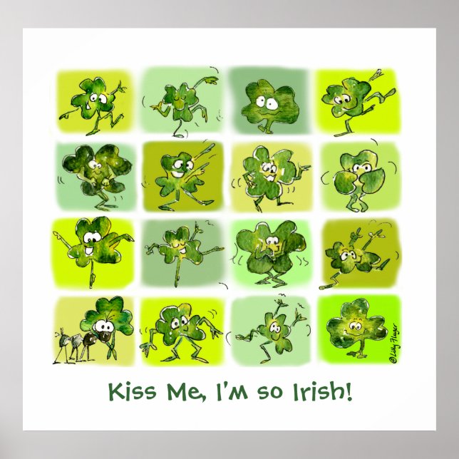 Kiss Me I'm So Irish - Cute Cartoon Shamrocks Poster (Front)