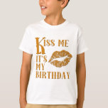 Kiss Me It's My Birthday Sparkly T-Shirt<br><div class="desc">Kiss me,  it's my birthday!  We did this design in orange,  and it looks great on a black background. Perfect for the Halloween birthday,  the big smoochy kiss is done in a sparkly faux glitter style. 
 
 From Scarebaby Design,  backed by the Zazzle guarantee.</div>